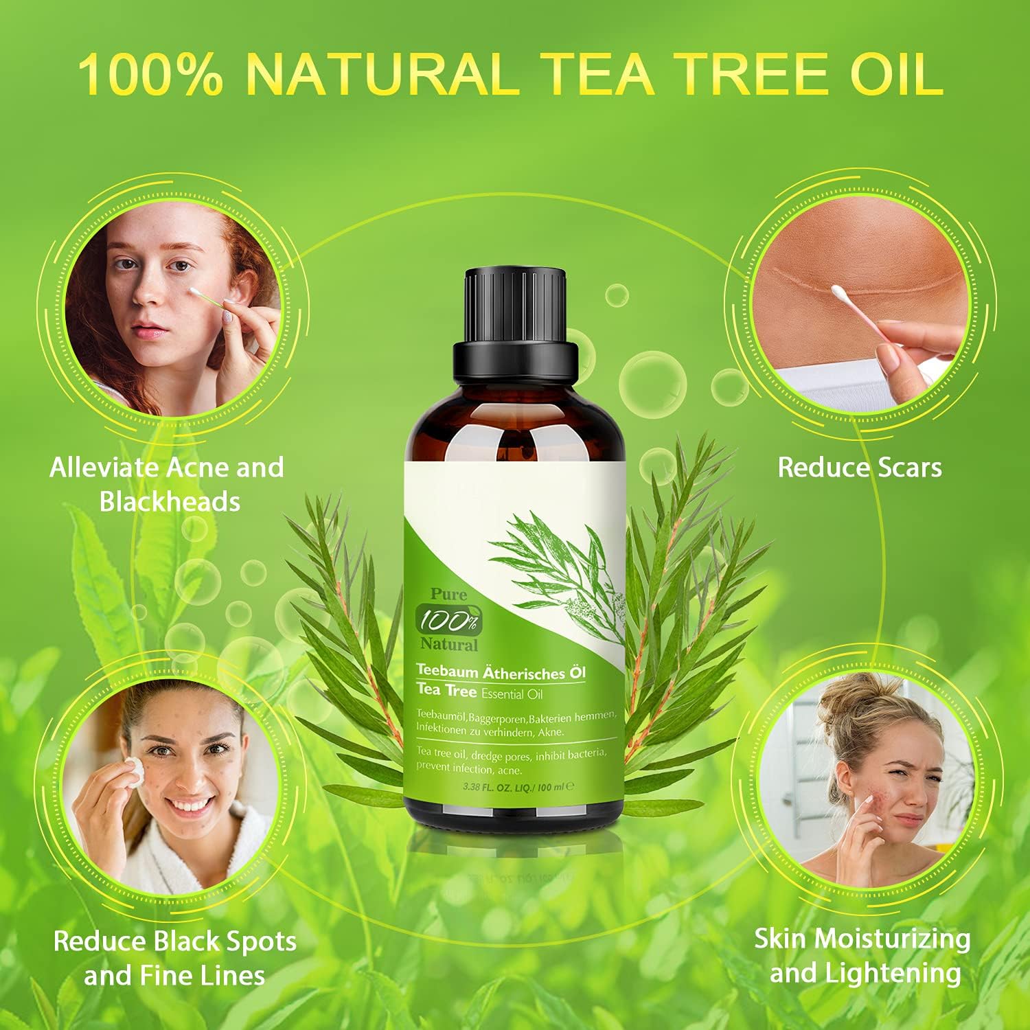 Aceite de Árbol de Té 100% Natural - Tratamiento Antiacné y Cuidado Multiusos en Tamaño de Viaje - 100 ML